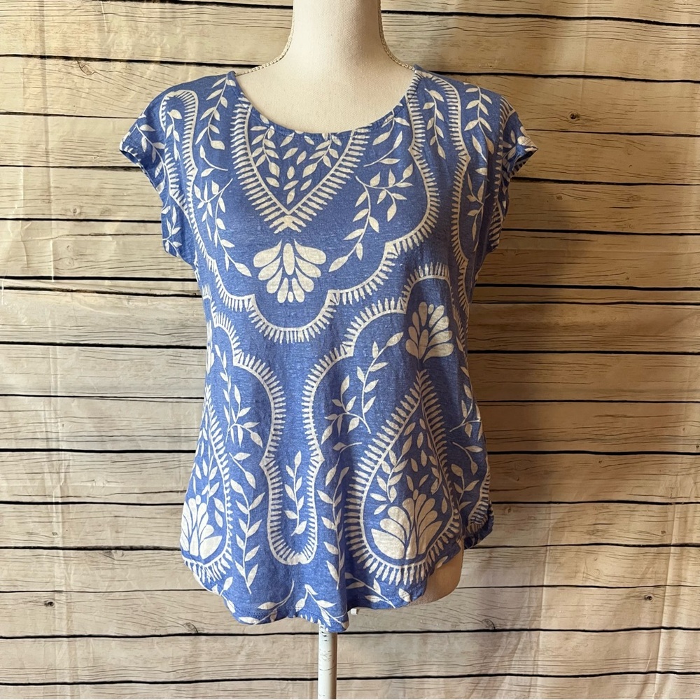Joie Blue and White Linen Printed Cap-Sleeve Blouse